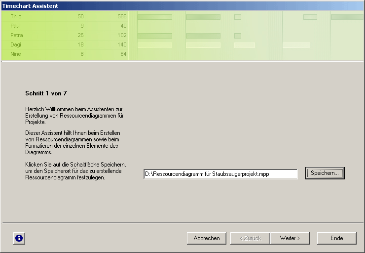 Timechart Assistent: Schritt 1 - Diagrammspeicherort festlegen